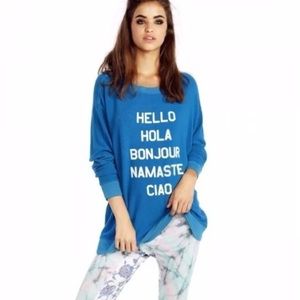 WILDFOX blue long sleeve sweatshirt w/ phrases